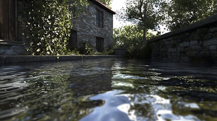 Flooded rural pathway by stone cottage