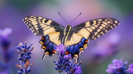 Obraz premium Colorful Butterfly Sitting on Lavender Flower with Blurred Purple Background in Nature Garden