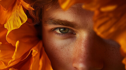 Close-up portrait of a young man surrounded by vibrant orange flowers, showcasing his expressive eye and natural beauty
