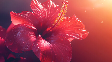 Vibrant close-up of a red hibiscus flower with water droplets glistening in soft sunlight