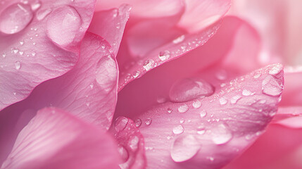 Close-up of pink flower petals with water droplets, creating a soft, dreamy atmosphere in nature