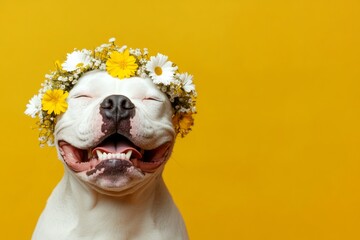 Fototapeta premium Professional studio snapshot. Cute adult dog boxer wearing fierce flower circlet on its head - symbol of sunny warm season. Isolated purple background, copy space, ad campaign visual idea.