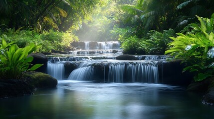 Naklejka premium Serene waterfall cascading through lush tropical jungle