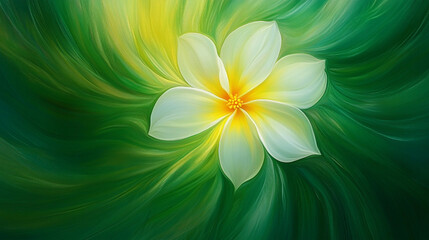 A vibrant, swirling green background featuring a delicate white and yellow flower at the center, symbolizing tranquility