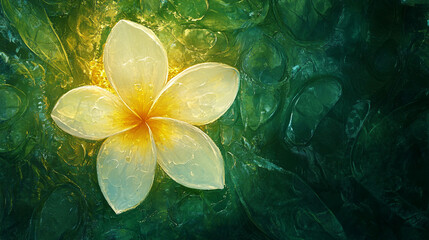 A close-up view of a plumeria flower illuminated against a textured green background, evoking tranquility