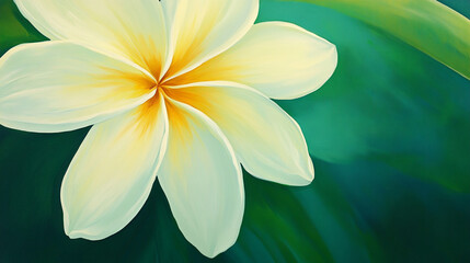 A serene close-up of a white plumeria flower blooming against a lush green background, symbolizing tranquility