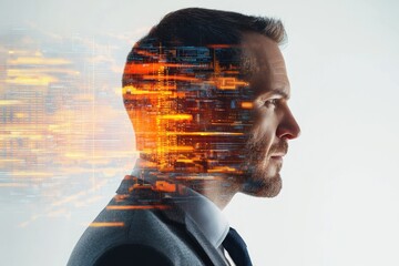 A man's profile merges with digital data streams, symbolizing the intersection of human intellect and technology.