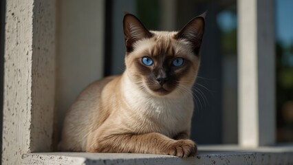 A serene Siamese cat, perched on a windowsill, gazing peacefully outside, its blue eyes sharp and focused.