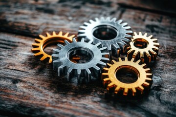 Interlocking metallic gears on a rustic wooden surface, symbolizing teamwork and collaboration.