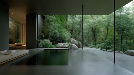 Modern minimalist interior with a tranquil outdoor view.  A serene indoor-outdoor space featuring a contemporary pool