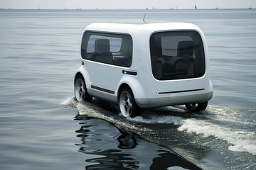A white vehicle is driving on the water