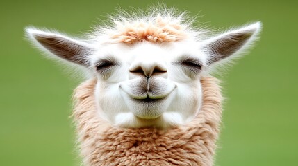 Obraz premium An adorable llama portrait smiling with closed eyes and fluffy ears