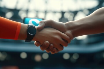 Two individuals shake hands, a smartwatch visible, against a blurred stadium backdrop.