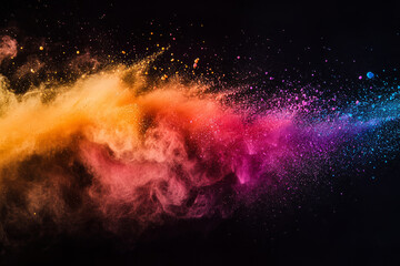 Fototapeta premium Colorful explosion of vibrant powder in mid-air on black background representing energy, creativity and celebration