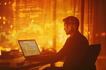 A silhouette of a person working late at night on a laptop, illuminated by an orange glow of financial data and graphs.