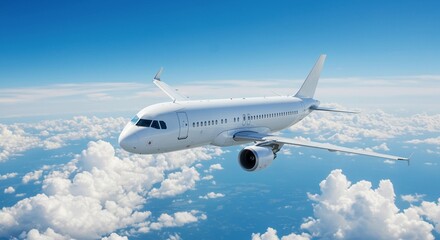 Obraz premium Passenger jet soars above fluffy cloudscape against clear blue skies