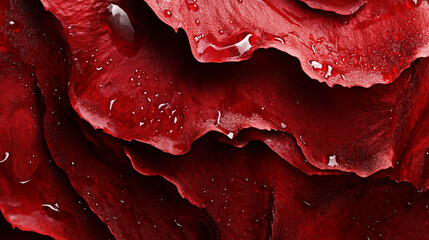 Close-up of vibrant red rose petals with water droplets, showcasing intricate textures and layers