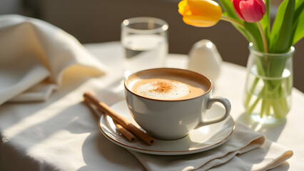 Almond milk coffee with cinnamon, served in a ceramic mug. A linen napkin, tulips, and water create a cozy and elegant spring beverage setting.