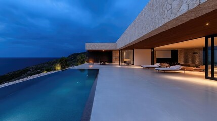 Fototapeta premium Modern Coastal Villa with Infinity Pool. Overlooking the Sea at Dusk