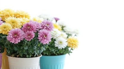 Fototapeta premium Pastel Flowers in Colorful Pots on White Background