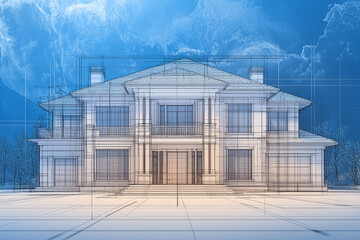 Fototapeta premium Modern house architectural rendering blending digital blueprint with realistic design concept