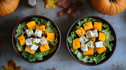 Delicious Autumn Salad with Roasted Pumpkin, Feta Cheese, and Kidney Beans