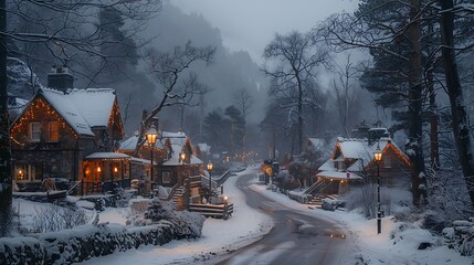Snow-covered village scene at twilight, with cozy houses illuminated by warm lights and snowy trees