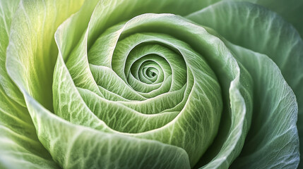 Close-up view of a spiraling green cabbage leaf showcasing intricate textures and natural patterns