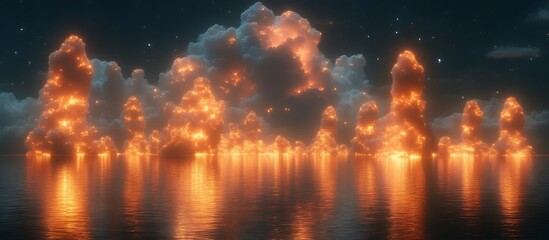 Glowing Cloud City Reflection on Water at Night with Starry Sky