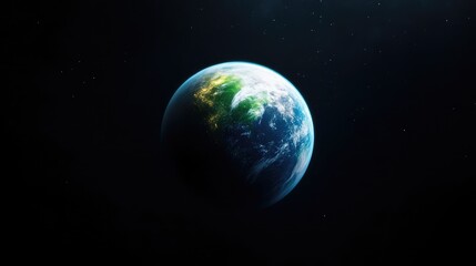 Fototapeta premium Planet Earth glowing in the dark expanse of outer space with visible continents and clouds.