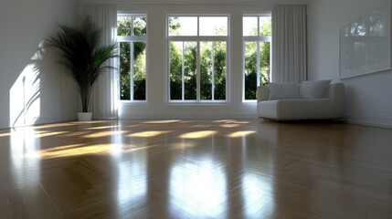 Fototapeta premium Bright, modern interior with large windows, showcasing natural light and a minimalist design