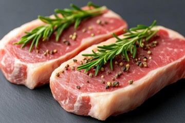 Fototapeta premium Raw beef steaks seasoned with fresh rosemary and black pepper on a dark slate board.
