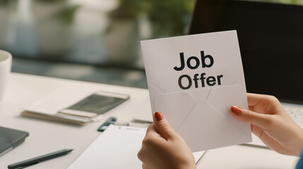 Close-up of a glowing envelope with a "Job Offer" stamp on a clean desk, symbolizing career opportunity and new beginnings in professional life.