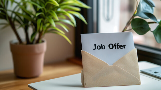 Close-up of a glowing envelope with a "Job Offer" stamp on a clean desk, symbolizing career opportunity and new beginnings in professional life.