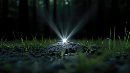 Illuminated stone in a dark forest.  A single stone, centrally positioned in a grassy clearing, glows brightly, radiating light outwards.