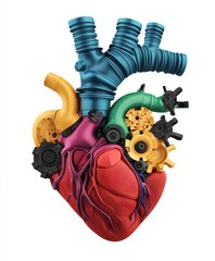 Mechanical heart with gears, pipes, and vivid colors on white background