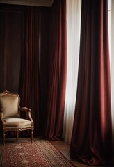 Rich hues of silk curtains elegantly frame a bright window, while a vintage chair invites relaxation in a cozy corner, radiating warmth and charm Generative AI