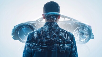 Double Exposure of an Automotive Engineer Contemplating Innovation Against a High-Performance Engine Cross-Section