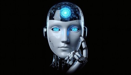 ai robot head portrait black background gazing face headshot close-up glow humanoid artificial intelligence