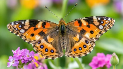 Orange and Black Butterfly Perched on Pink Flowers in a Vibrant Garden Setting