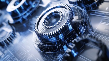 Double Exposure of High-Precision Metal Gears in Motion Blending with a Technical Blueprint, Glowing Industrial Aesthetic