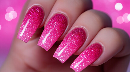 Close-up of manicured pink glitter nails against a soft bokeh background, showcasing elegance