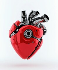 Obraz premium 3D rendering of a red mechanical heart with metallic components and a control dial