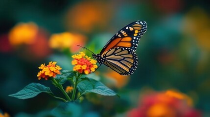 Obraz premium Monarch Butterfly Resting on Colorful Flower in a Vibrant Garden Setting