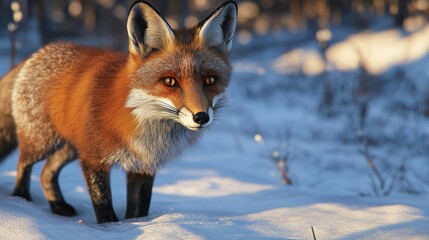 Fototapeta premium Red Fox Standing on Snowy Ground in a Tranquil Winter Forest Landscape During Golden Hour
