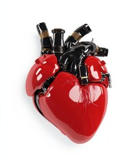 Naklejka premium Detailed red heart sculpture with mechanical components on white background