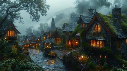 Obraz premium Enchanted village at dusk with glowing windows, misty hills in the background, and serene atmosphere