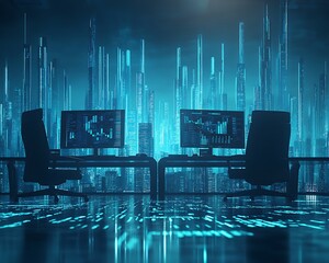 Two Computer Desks And Chairs With City Background View