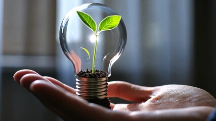 hand holding energy saving eco lamp over green grass background