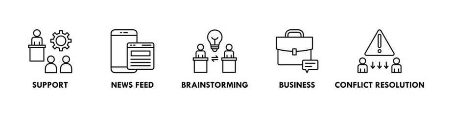 Communication banner web icon illustration concept with icon of support, news feed, brainstorming, business, and conflict resolution